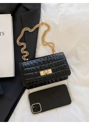 حقيبة كتف سلسلة جلد صناعي بطبعة تمساح صلبة عصرية صغيرة الحجم