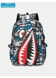 Men s Fashionable Starry Sky Print Backpack Stylish Shark Mouth Print Bookbag With Random All Over Print USB Charging Port Large Capacity Lightweight Nylon Travel Bag University Commute Backpack Fits