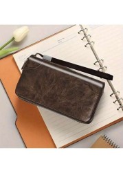Hot New Retro Large PU Leather Wallet Double Zipper Clutch Long Leather Phone Purse Business Hand Clutch Bag Card Holder Travel Must Haves Wristlet Wallet Purse Essential Items Men Christmas Gifts Gif