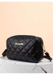 Quilted Zipper Square Bag Metal Letter Decor Shoulder Bag Adjustable Fashionable Girls Crossbody Bag Casual Phone Pouch