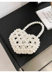 1pc Girls Heart Shaped Handbag With Faux Pearl Decoration Handmade Beaded Accents Open Top Design Suitable For Festival Gift Or Spring Summer Daily Dressing Matching