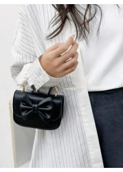 قطعة واحدة حقيبة طفلة صغيرة أنيقة إصدار كوريا نسخة PU بطبعة عقدة الفراشة لطيف، لون سادة، قابلة للطي ذات محفظة ص