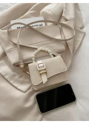 1pc Pu Fashion Splicing Pearl Chain Handbag Korean Princess Fashion Small Square Bag Flip Magnetic Buckle Closure Strap Decoration Niche Design Suitable For Daily Use When Shopping Sweet And Literary