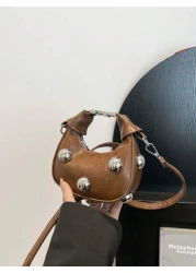 1pc High End Niche Bags Fashionable Shoulder Messenger Bags Mini Handbags Textured Rivet Messenger Bags Personalized Handbags Pu Material Smooth Zipper Fashionable Adjustable Shoulder Straps High End