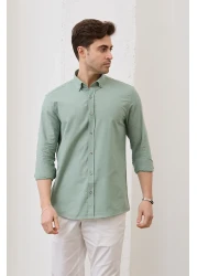 RAVANELLI Sarte - Men's Khaki Slim Fit Slim Fit Button Collar Linen Look 100% Cotton Flared Shirt