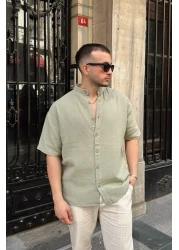 Livio Ferri قميص Mingan رجالي صيفي من القطن بياقة واسعة وأكمام قصيرة وأزرار مريحة