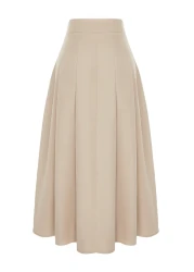  Collection Beige Midi Skirt - Pleat Detailed and Buttoned Front, Woven TWOSS24ET00169
