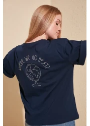  Collection Navy Blue 100% Cotton Back Embroidered Relaxed/Wide Relaxed Cut Crew Neck Knitted T-Shirt TWOSS20TS0121