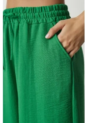 Happiness İstanbul Women's Green Linen Shirt Baggy Trousers Set DZ00080