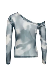  Collection Petrol Abstract Pattern Tulle Lined Asymmetric Collar Knitted Blouse Twoaw24Bz00051