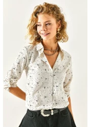 Olalook قميص كتان نسائي بيج بأكمام منقوشة بالزهور GML-19000825