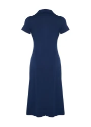  Collection Navy Blue Polo Neck Skater/Waist Opened Cotton Stretchy Knitted Midi Dress TWOSS24EL00480