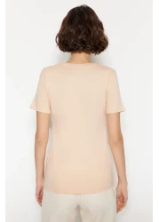  Collection تي شيرت محبوك أساسي برقبة دائرية مكون من قطعتين من القطن بنسبة 100% باللون البني والبيج TWOSS20TS0141