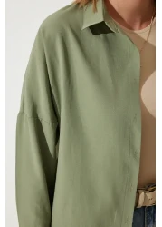 Happiness İstanbul قميص أساسي طويل كبير الحجم للنساء كاكي DD00842