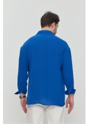 Gray Clothing قميص رجالي صيفي فضفاض من الكتان النيلي Ayrobin فضفاض مناسب للصيف