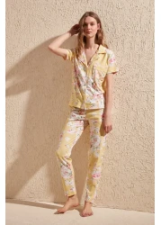  Collection Floral Patterned Yellow Cotton Sleepwear Set - Shirt and Pants THMSS20PT0063