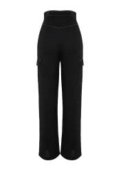  Collection بنطلون أسود منسوج واسع الساق مع تفاصيل خياطة متباينة TWOSS21PL0288