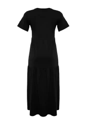  Collection Black Gathered Short Sleeve Knitted Maxi Dress TWOSS24EL00132