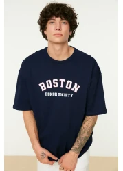  Collection Navy Blue Oversize Socks, Short Sleeve Boston Printed Cotton T-Shirt
