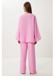 Happiness İstanbul Women's Pink Lacing Detailed Muslin Bottom-Top Set Bv00171