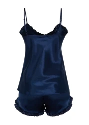  Collection Navy Blue Ruffled Rope Strap Satin Shorts Woven Pajamas Set Thmss22Pt0274
