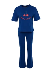  Collection Cherry Printed 100% Cotton Navy Blue Pajama Set - T-Shirt and Pants Thmss23Pt00134