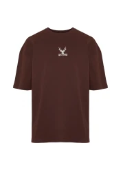  Collection Oversize Dark Brown Deer Embroidered Cotton T-Shirt - TMNSS24TS00055