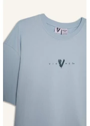 Defacto تي شيرت بأكمام قصيرة مطبوع عليه رقبة دائرية مريح من القطن بنسبة 100% من الفايكنج B8092ax25sp