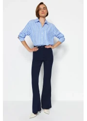  Collection بنطلون قماش منسوج بأرجل واسعة باللون الأزرق الداكن TOFAW19BB0581