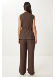 Happiness İstanbul Women's Brown Tie Detailed Linen Vest Trousers Suit No00026
