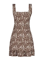  Collection فستان محبوك قصير برقبة مربعة ومطبوع باللون البني على شكل حرف A TWOSS23EL00348