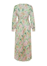  Modest فستان منسوج من الشيفون باللون الأخضر الفاتح مع تفاصيل حزام مزين بالزهور TCTSS24EB00151