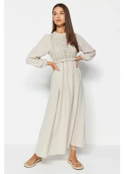  Modest فستان منسوج بتفاصيل حجرية من الجبر/الصدفية TCTAW24EB00110