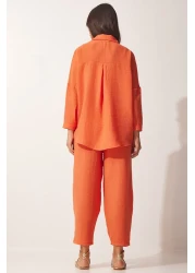 Happiness İstanbul Women's Orange Linen Shirt Baggy Trousers Set DZ00080