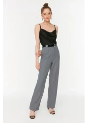  Collection Gray Straight Cut High Waist Ribbed Stitched Woven Trousers TWOSS21PL0093