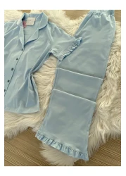 Pijamacs Baby Blue Cotton Sleeve and Leg Ruffle Detailed Short Sleeve Front Buttoned Pajama Set