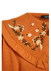  Modest Cinnamon Embroidery Detailed Linen Look Woven Dress Tctss23Eb00257