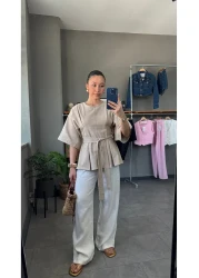YOUR NAME Oversize Belted Ecru Linen Blouse