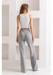 CNRCollection بنطال ضيق مضلع عالي الخصر باللون الرمادي - قماش مودال، بنطال واسع الساق