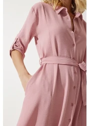 Happiness İstanbul Women's Candy Pink Belted Shirt Dress DD01256