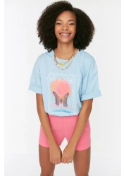  Collection Light Blue 100% Cotton Printed Relaxed/Wide Relaxed Cut Crew Neck Knitted T-Shirt TWOSS22TS1145