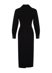  Modest Black Double Breasted Collar Button Detailed Woven Dress TCTSS24EB00020