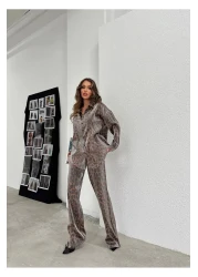 Ekim Store New Season Satin Leopard Shirt Trousers Double Set
