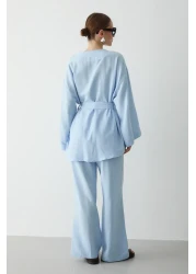 Laluvia Blue Cotton Kimono Wide Leg Pants Set