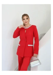 1Moda1Tarz Women's Imported Fabric Stone Embroidered Collar and Button Detailed Lined Jacket Pants Design Set