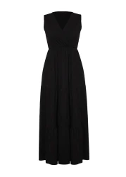  Collection Black V-Neck Sleeveless A-Line Maxi Knitted Dress TWOSS22EL1588