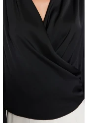  Collection Black Double Breasted Satin Woven Blouse TWOAW24BZ00423