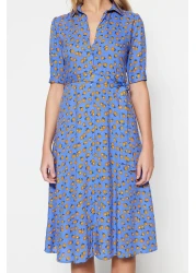  Collection Blue Floral Pattern Belted Midi Woven Viscose Shirt Dress TWOSS20EL1559