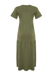  Collection Khaki Gathered Short Sleeve Knitted Maxi T-Shirt Dress Twoss24El00132