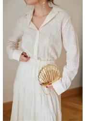 Julidress فستان طويل مميز مطرز باللون الكريمي مع خصر مطاطي